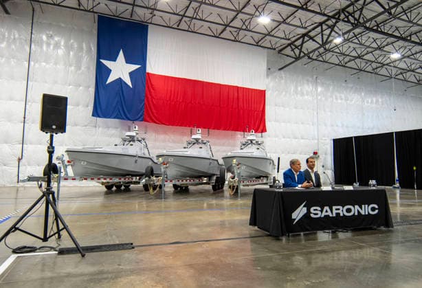 July 16, 2026, Austin, Tx, USA: Texas Governor GREG ABBOTT announces with Saronic CEO DINO MAVROOKAS the expansion to south Texas of the ship and drone boat manufacturer Saronic to a 1,000 acre site at the Port of Brownsville. The Saronic Corsair in the background were the type of drones used to rescue downed U.S. pilots in the Gulf of Oman and attack naval facilities in Iraq. Austin USA - ZUMAd150 20260716_znp_d150_019 Copyright: xBobxDaemmrichx