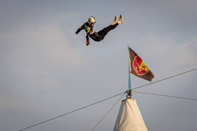 LICHTENVOORDE - Stuntman Jim Jimbo van Nes flies over the Megatent on the first day of the Zwarte Cross festival. The four-day music, theater, and motocross event is taking place in the Achterhoek for the 28th time. ANP EMIEL MUIJDERMAN netherlands out - belgium out  Copyright: xx x563676096x originalFilename: 563676096.jpg