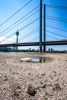 Vertrocknetes Flussbett, brüchige Schollen, Tümpel mit Restwasser, extremes Niedrigwasser, Rheinpegel bei 41 cm, Tendenz fallend, Frachter müssen mit reduzierter Ladung fahren, nach der langen Dürre fällt das linke Rheinufer, bei Düsseldorf Oberkassel trocken, Rheinkniebrücke, Rheinturm, NRW, Deutschland Niedrigwasser Rhein *** Dried-up riverbed, crumbly clods of earth, pools of residual water, extremely low water levels, Rhine water level at 41 cm, trending downward; freighters must sail with reduced cargo; following the long drought, the left bank of the Rhine—including the area near Düsseldorf-Oberkassel—is dry; Rheinknie Bridge, Rhine Tower, North Rhine-Westphalia, Germany; low water levels on the Rhine