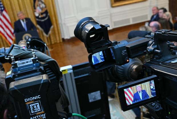 President Donald Trump delivers a prime-time address to the nation from the East Room of the White House in Washington DC on Thursday, July 16, 2026. The president was expected to discuss election security and voting machines. Pool photo by Saul Loeb  WAX20260716931 SAULxLOEB