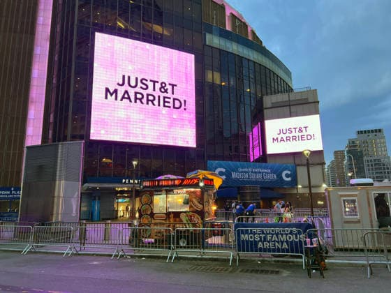 ENTER-MUS-SWIFT-KELCE-DOCUMENTARY-FILEPIC-NY JUST&T MARRIED (T&T for Taylor and Travis) is posted on the screen outside of Madison Square Garden in New York on July 3, 2026. (Barry Williams New York Daily News TNS) EDITORIAL USE ONLY Copyright: xx 178770091W BarryxWilliamsx krtphotoslive964960