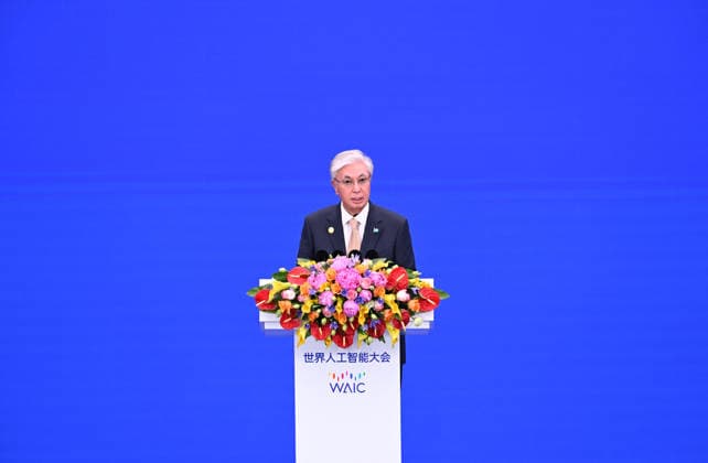 (260717) -- SHANGHAI, July 17, 2026 -- Kazakh President Kassym-Jomart Tokayev addresses the opening ceremony of the 2026 World AI Conference and High-Level Meeting on Global AI Governance in Shanghai, east China, July 17, 2026. ) CHINA-SHANGHAI-2026 WORLD AI CONFERENCE-OPENING (CN) ShenxHong 