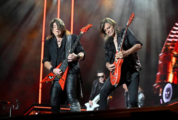 Guitarists Kai Hansen, left, and Michael Weikath of the German metal band Helloween perform during the International Music Festival Masters of Rock in Vizovice near Zlin, Czech Republic, July 16, 2026. (CTKxPhoto DaliborxGluck) CTKPhotoP2026071608373  CTKPhotoP2026071608373