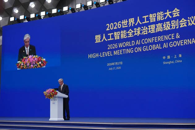 SHANGHAI, CHINA - JULY 17: Kazakh President Kassym-Jomart Tokayev addresses the opening ceremony of the 2026 World AI Conference and High-Level Meeting on Global AI Governance on July 17, 2026 in Shanghai, China. Themed AI Partnership for a Brighter Future, the event will include more than 140 forums, bringing together 1,400 guests from home and abroad.  Copyright: xVCGx 111654823219
