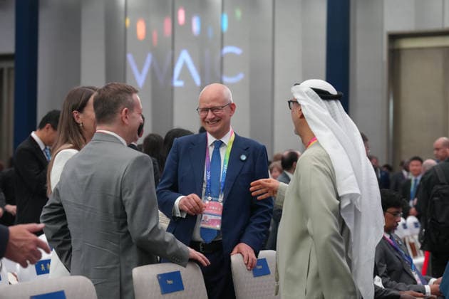 SHANGHAI, CHINA - JULY 17: Guests talk with each other before the opening ceremony of the 2026 World AI Conference and High-Level Meeting on Global AI Governance on July 17, 2026 in Shanghai, China. Themed AI Partnership for a Brighter Future, the event will include more than 140 forums, bringing together 1,400 guests from home and abroad.  Copyright: xVCGx 111654823001
