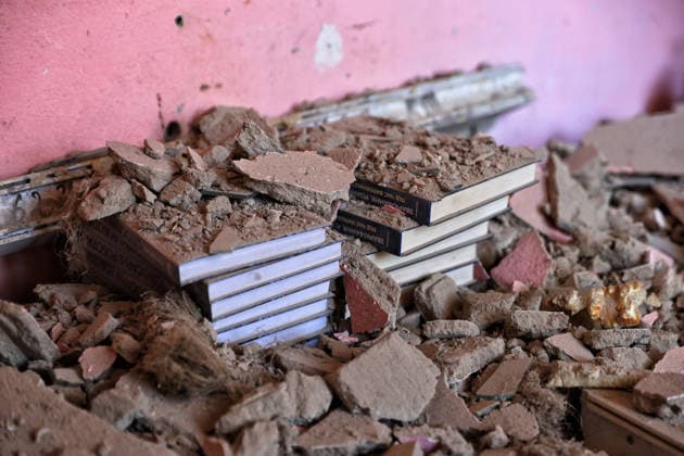 RECORD DATE NOT STATED Russian Missile Strike Damages Maritime College Building - Odesa Books lie buried under debris inside a classroom at the Odesa Vocational College of Maritime and Railway Transport following a Russian missile strike in Odesa, Ukraine, on July 16, 2026. The attack shattered windows and damaged the roof and ceilings of the educational institution Photo by Nina Liashonok Ukrinform ABACAPRESS.COM Odesa Ukraine  Copyright: xLyashonokxNina Ukrinform ABACAx
