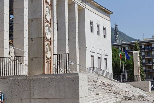 RECORD DATE NOT STATED IPA86759237 - Bolzano, July 17, 2026. The Collapse of the Bolzano Courthouse: The Day After. Pictured: Courthouse Square the Day After. Photo: Provincial Councilor Christian Bianchi. Loris Reggiani, Inspector of the Permanent Fire Department. Judges Ivan Perathoner and Stefan Tappeiner. Assistant District Attorney Igor Secco. President of the Bar Association Karl Pfeifer.  Copyright: xLorenzoxZambello.x xx 86759237