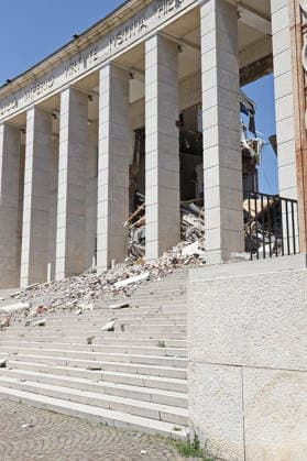 RECORD DATE NOT STATED IPA86759247 - Bolzano, July 17, 2026. The Collapse of the Bolzano Courthouse: The Day After. Pictured: Courthouse Square the Day After. Photo: Provincial Councilor Christian Bianchi. Loris Reggiani, Inspector of the Permanent Fire Department. Judges Ivan Perathoner and Stefan Tappeiner. Assistant District Attorney Igor Secco. President of the Bar Association Karl Pfeifer.  Copyright: xLorenzoxZambello.x xx 86759247