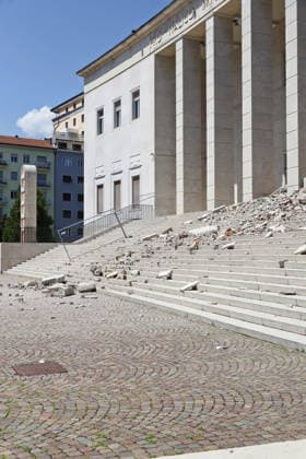 RECORD DATE NOT STATED IPA86759249 - Bolzano, July 17, 2026. The Collapse of the Bolzano Courthouse: The Day After. Pictured: Courthouse Square the Day After. Photo: Provincial Councilor Christian Bianchi. Loris Reggiani, Inspector of the Permanent Fire Department. Judges Ivan Perathoner and Stefan Tappeiner. Assistant District Attorney Igor Secco. President of the Bar Association Karl Pfeifer.  Copyright: xLorenzoxZambello.x xx 86759249