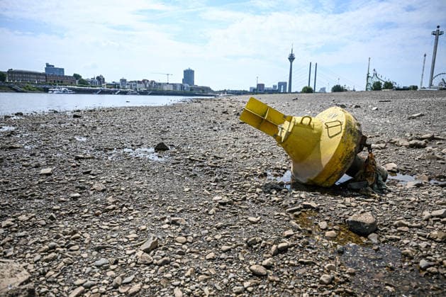 Dürre zeigt Folgen Rhein führt kaum noch Wasser, Sandbänk, Eine Boje, die normalerweise im Wasser schwimmt, liegt auf dem trockengefallenen Grund und macht das Ausmaß des Niedrigwassers besonders eindrucksvoll sichtbar. Der Rhein führt aufgrund anhaltender Trockenheit und ausbleibender Niederschläge außergewöhnlich wenig Wasser. Große Teile des Flussbetts sind bei Düsseldorf freigelegt, Sand- und Kiesflächen treten deutlich hervor. Das Niedrigwasser beeinträchtigt die Schifffahrt und verdeutlicht die Auswirkungen der langanhaltenden Trockenperiode. Düsseldorf Nordrhein-Westfalen Deutschland Düsseldorf *** Drought Takes Its Toll: The Rhine Is Barely Carrying Any Water; Sandbank, A buoy that normally floats in the water now Copyright: x xonw-imagesx xPhilippxAndrÃ x