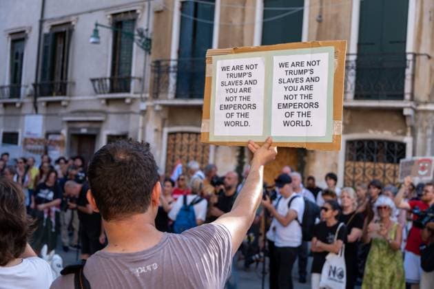 Protesters Confront Police During Demonstration Against U.S. Ambassador in Venice VENICE, ITALY JULY 17, 2026: Hundreds of demonstrators march through Venice to protest against U.S. Ambassador to Italy Tilman J. Fertitta, who arrived earlier in the day aboard a 117-metre yacht as part of a coastal diplomacy tour. Protesters attempted to approach the yacht but were pushed back by police ahead of the annual Festa del Redentore, one of Venice™s largest traditional celebrations. Venice Italy Copyright: x xLeonardoxGaravagliax xJNAxPressx