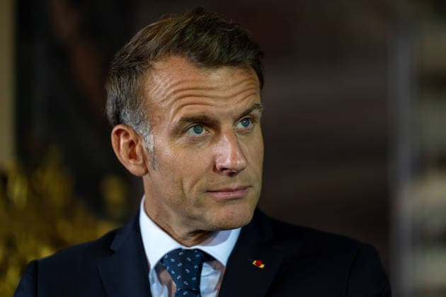 26. Deutsch-Französischer Ministerrat am 17. Juli 2026 im Schloss Augustusburg zu Brühl. Im Bild der französische Staatspräsident Emmanuel Macron während der gemeinsamen Pressekonferrenz. Anlässlich des Ministerrates begrüßten der Kanzler sowie Mitglieder seines Kabinetts den Französischen Präsidenten Emmanuel Macron sowie einige Mitglieder der französischen Regierung. Brühl Nordrhein-Westfalen Deutschland *** 26 German-French Ministerial Council on July 17, 2026, at Augustusburg Palace in Brühl. Pictured: French President Emmanuel Macron during the joint press conference. On the occasion of the Ministerial Council, the Chancellor and members of his cabinet welcomed French President Emmanuel Macron and several members of the Fr