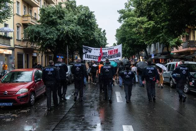 Protest Held Against AI Surveillance Measures in Berlin BERLIN, GERMANY JULY 17, 2026: Demonstrators take part in a protest against the deployment of an AI-assisted police surveillance system in Berlin on July 17, 2026. The system, introduced in selected areas of the city, is designed to analyze video footage and detect what authorities describe as suspicious behavior. Critics argue the technology expands state surveillance, raises privacy concerns and risks discriminatory policing and the criminalization of marginalized communities. Berlin Germany Copyright: x xAndrÃ sxTrujillox xJNAxPressx