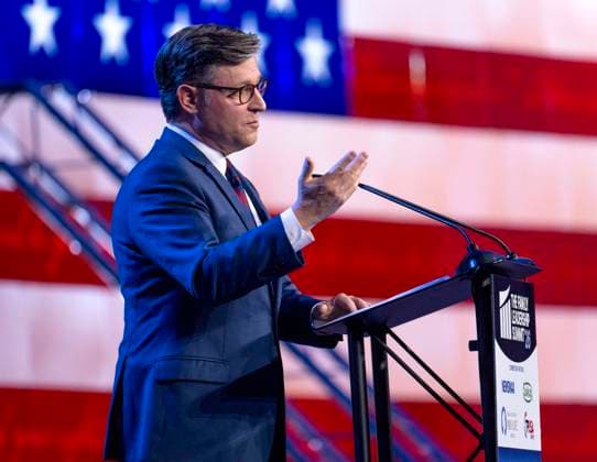 July 17, 2026 - Des Moines, Iowa, USA - U.S. House of Representatives Speaker MIKE JOHNSON addresses the 2026 FAMiLY Leadership Summit. Des Moines USA  - ZUMAce6_ 20260717_zaf_ce6_005 Copyright: xBrianxCahnx