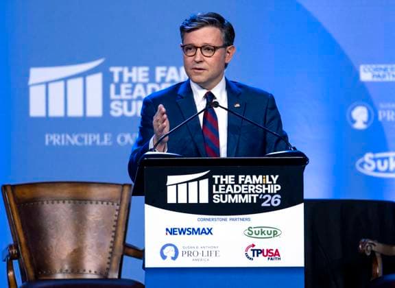July 17, 2026 - Des Moines, Iowa, USA - U.S. House of Representatives Speaker MIKE JOHNSON addresses the 2026 FAMiLY Leadership Summit. Des Moines USA  - ZUMAce6_ 20260717_zaf_ce6_007 Copyright: xBrianxCahnx