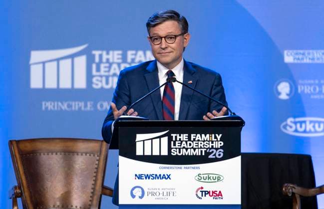July 17, 2026 - Des Moines, Iowa, USA - U.S. House of Representatives Speaker MIKE JOHNSON addresses the 2026 FAMiLY Leadership Summit. Des Moines USA  - ZUMAce6_ 20260717_zaf_ce6_010 Copyright: xBrianxCahnx