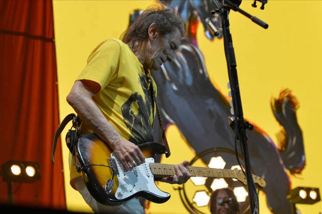 IPA86773698 - Lucca, July 17, 2026 The Lucca Summer Festival in Piazza Napoleone is hosting a concert by a former Rolling Stones rocker we™re talking about Ronnie Wood, who, despite his age, remains just as he always was. In the photo: Ronnie Wood on stage at the Summer Festival wearing a yellow T-shirt matching the backdrop featuring the Ferrari prancing horse.  Copyright: xRobertoCappellox xRobertoxCappellox 86773698