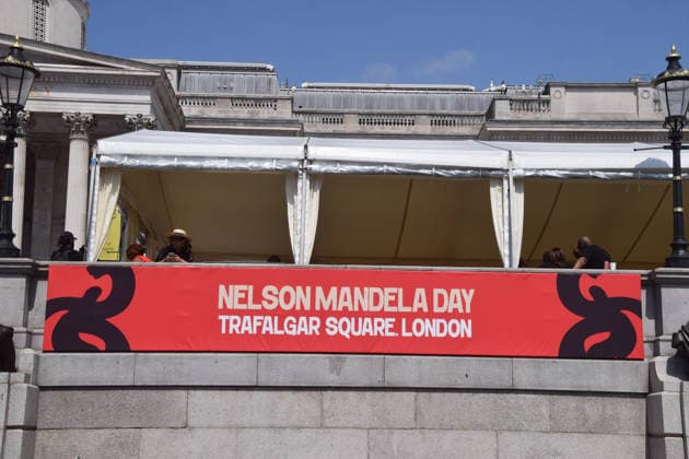 July 18, 2026, London, England, United Kingdom: A banner is displayed during the Nelson Mandela Day celebration in Trafalgar Square, honouring the life and legacy of Nelson Mandela. This year also marks the 30th anniversary of the South African Constitution. London United Kingdom  - ZUMAv130 20260718_zip_v130_052 Copyright: xVukxValcicx