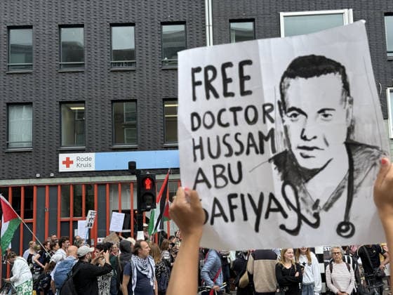 Demonstration in support of Palestine in Amsterdam AMSTERDAM, NETHERLANDS - JULY 18: People gather in front of the Dutch Red Cross (Rode Kruis) to show solidarity with Palestine demanding the release of Dr. Husam Abu Safiya, chief physician of Kamal Adwan Hospital, whose health condition is reportedly worsening while being held in an Israeli prison, and calling on the International Red Cross to visit him, in Amsterdam, the Netherlands on July 18, 2026. Selman Aksunger Anadolu Amsterdam Netherlands. Editorial use only. Please get in touch for any other usage.  Copyright: x2026xAnadoluxSelmanxAksungerx