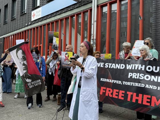 Demonstration in support of Palestine in Amsterdam AMSTERDAM, NETHERLANDS - JULY 18: People gather in front of the Dutch Red Cross (Rode Kruis) to show solidarity with Palestine demanding the release of Dr. Husam Abu Safiya, chief physician of Kamal Adwan Hospital, whose health condition is reportedly worsening while being held in an Israeli prison, and calling on the International Red Cross to visit him, in Amsterdam, the Netherlands on July 18, 2026. Selman Aksunger Anadolu Amsterdam Netherlands. Editorial use only. Please get in touch for any other usage.  Copyright: x2026xAnadoluxSelmanxAksungerx