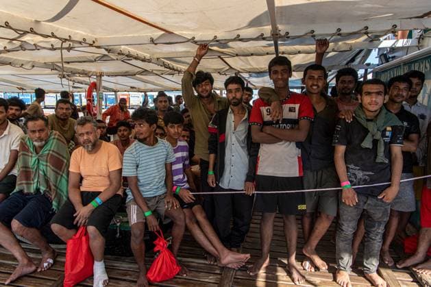 Rescue and disembarkation of 85 people by the rescue ship Open Arms SIRACUSA CENTRAL MEDITERRANEAN SEA SAVONA, ITALY JUNE 29 JULY 5, 2026: Open Arms Mission 129 departed from the Sicilian port of Siracusa on June 29, 2026, escorted by other humanitarian rescue vessels. On July 2, the Spanish humanitarian search and rescue organization rescued 85 migrants from a wooden boat in the central Mediterranean. The survivors remained aboard the rescue ship, where they received medical assistance and watched Spain™s FIFA World Cup match against Austria while awaiting a designated port of safety. On July 5, 2026, they disembarked at the port of Savona, near Genoa, where they were received by the Italian authorities. Savona Italy Copyright: x xAntonioxSemperex xJNAxPressx