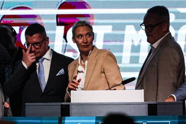 v.l. Matthias Büttner (AfD,Stassfurt), Alice Elisabeth Weidel (AfD), Martin Reichardt (AfD, Sachsen-Anhalt) - Wahlkampfauftaktveranstaltung der AfD Sachsen-Anhalt in der Messe Magdeburg am Sonnabend, den 18. Juli 2026 in Magdeburg. *** From left: Matthias Büttner (AfD, Stassfurt), Alice Elisabeth Weidel (AfD), Martin Reichardt (AfD, Saxony-Anhalt). The AfD Saxony-Anhalt campaign kickoff event at the Magdeburg Exhibition Center on Saturday, July 18, 2026, in Magdeburg.