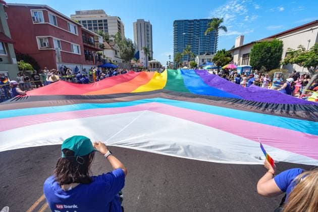 July 18, 2026, San Diego, California, Unted States: People march on the streets with a huge rainbow flag during the parade..The 2026 San Diego Pride Parade fills the streets of Hillcrest area with color, energy, and a powerful sense of community as thousands of people gather to celebrate LGBTQ+ pride and equality on July 18th, 2026, in San Diego, California. Participants wave rainbow flags, dance alongside decorated floats, and cheer for local organizations, businesses, and advocacy groups that march through the streets. Allies line the parade route, creating an atmosphere of joy while also recognizing Pride s roots in the fight for equal rights. San Diego Unted States  - ZUMAs197 20260718_aaa_s197_099 Copyright: xWaixLeexMichaelxHox