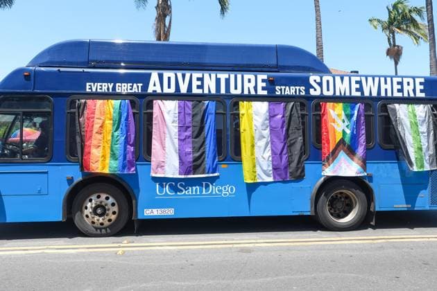 July 18, 2026, San Diego, California, Unted States: A decorated bus from UC San Diego is driven on the streets during the pride parade..The 2026 San Diego Pride Parade fills the streets of Hillcrest area with color, energy, and a powerful sense of community as thousands of people gather to celebrate LGBTQ+ pride and equality on July 18th, 2026, in San Diego, California. Participants wave rainbow flags, dance alongside decorated floats, and cheer for local organizations, businesses, and advocacy groups that march through the streets. Allies line the parade route, creating an atmosphere of joy while also recognizing Pride s roots in the fight for equal rights. San Diego Unted States  - ZUMAs197 20260718_aaa_s197_128 Copyright: xWaixLeexMichaelxHox