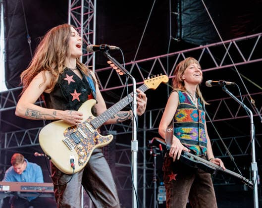 July 18, 2026, Marshfield, Massachusetts, USA: Larkin Poe performs during the Levitate Music Festival in Marshfield, Massachusetts, on Saturday, July 18, 2026. Led by sisters REBECCA LOVELL (left) and MEGAN LOVELL (right), the Grammy-winning roots rock duo is known for blending blues, Southern rock, and Americana with powerful guitar-driven performances. Marshfield USA  - ZUMAs379 20260718_znp_s379_008 Copyright: xDavexShrewsburyx