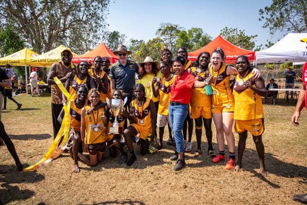 ANTHONY ALBANESE TIWI ISLANDS VISIT, Australian Prime Minister Anthony Albanese with some victorious players from the Tiwi Island Women™s Grand Final at Stanley Tipiloura Oval on Bathurst Island, Northern Territory, Sunday, July 19, 2026. ( NO ARCHIVING BATHURST ISLAND NORTHERN TERRITORY AUSTRALIA  Copyright: xPATCHxCLAPPx 20260719111456802220