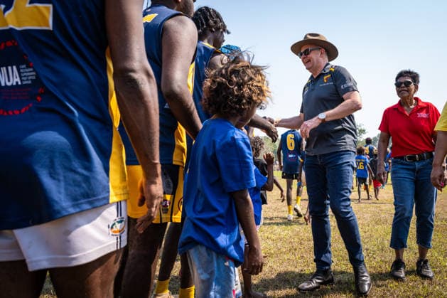 ANTHONY ALBANESE TIWI ISLANDS VISIT, Australian Prime Minister Anthony Albanese greets players and coaches at Stanley Tipiloura Oval on Bathurst Island, Northern Territory, Sunday, July 19, 2026. ( NO ARCHIVING BATHURST ISLAND NORTHERN TERRITORY AUSTRALIA  Copyright: xPATCHxCLAPPx 20260719121100847770