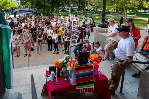 July 18, 2026, Salt Lake City, Utah, USA: A crowd gathers to listen to speakers during an ICE OUT protest at Washington Square Park in Salt Lake City, Utah, on Saturday, July 18, 2026. Protesters and community members organized the rally to speak out against immigration policy following the recent fatal encounters involving Lorenzo Salgado Araujo, Joan Sebastian Guerrero, and federal immigration law enforcement agents. Salt Lake City USA  - ZUMAm292 20260718_znp_m292_004 Copyright: xCharlesxMcClintockxWilsonx