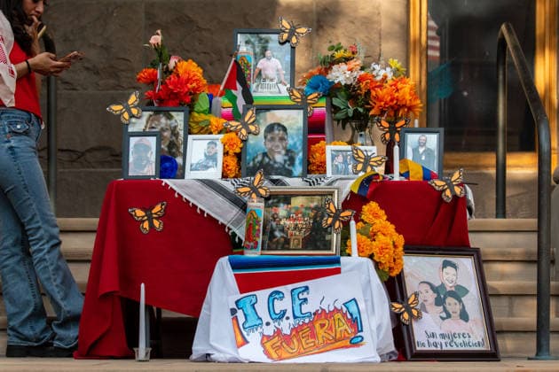 July 18, 2026, Salt Lake City, Utah, USA: A temporary altar displaying flowers, artwork, and framed photographs of various victims of law enforcement actions is set up on the steps of the Salt Lake City and County Building at Washington Square Park during an ICE OUT protest in Salt Lake City, Utah, on Saturday, July 18, 2026. Community members organized the demonstration to challenge current immigration policy following the recent fatal shootings of Lorenzo Salgado Araujo and Joan Sebastian Guerrero by federal immigration law enforcement agents. Salt Lake City USA  - ZUMAm292 20260718_znp_m292_006 Copyright: xCharlesxMcClintockxWilsonx