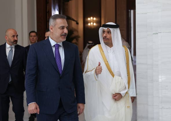 Turkish Foreign Minister Hakan Fidan in Qatar DOHA, QATAR- JULY 19: (----EDITORIAL USE ONLY MANDATORY CREDIT - TURKISH FOREIGN MINISTRY HANDOUT - NO MARKETING NO ADVERTISING CAMPAIGNS - DISTRIBUTED AS A SERVICE TO CLIENTS----) Turkish Foreign Minister Hakan Fidan (L) meets with Qatari Prime Minister and Minister of Foreign Affairs Sheikh Mohammed bin Abdulrahman Al Thani (R) during his official visit to Doha, Qatar, on July 19, 2026. Turkish Ministry of Foreign Affairs Anadolu Doha Qatar. Editorial use only. Please get in touch for any other usage.  Copyright: x2026xAnadoluxTurkishxMinistryxofxForeignxAffairsx