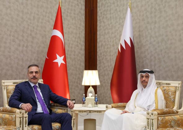 Turkish Foreign Minister Hakan Fidan in Qatar DOHA, QATAR- JULY 19: (----EDITORIAL USE ONLY MANDATORY CREDIT - TURKISH FOREIGN MINISTRY HANDOUT - NO MARKETING NO ADVERTISING CAMPAIGNS - DISTRIBUTED AS A SERVICE TO CLIENTS----) Turkish Foreign Minister Hakan Fidan (L) meets with Qatari Prime Minister and Minister of Foreign Affairs Sheikh Mohammed bin Abdulrahman Al Thani (R) during his official visit to Doha, Qatar, on July 19, 2026. Turkish Ministry of Foreign Affairs Anadolu Doha Qatar. Editorial use only. Please get in touch for any other usage.  Copyright: x2026xAnadoluxTurkishxMinistryxofxForeignxAffairsx