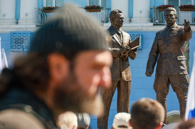 RUSSIA, VOLOGDA REGION - JULY 19, 2026: Alexander Khirurg Zaldostanov, President of the Night Wolves Motorcycle Club, attends a ceremony to unveil a monument to Soviet leader Joseph Stalin (1878-1953) and metallurgist Ivan Bardin (1883-1960) amid improvements to a garden square at the intersection of Victory Avenue, Metallurgov and Stalevarov Streets in Cherepovets, west of Vologda. Vladimir Smirnov TASS  95210911