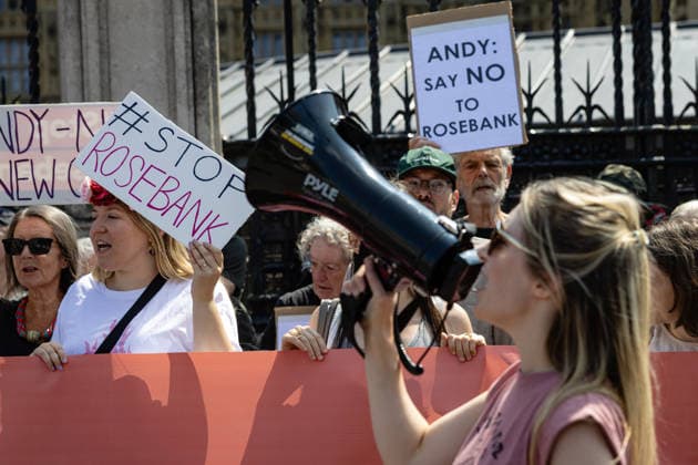 Fossil Free London Protest against Rosebank Oil Field outside Parliament, London, UK 18 July 2026 Campaigners from Fossil Free London demonstrate outside Parliament, London, UK, on 18 July 2026, with placards and banners calling on incoming Prime Minister Andy Burnham not to approve the Rosebank oil field or new North Sea drilling. The protest follows the UK s third heatwave in as many months, during which official statistics recorded over 2,700 heat-related deaths across England and Wales., Credit:Pete Speller Avalon  Copyright: xPetexSpellerx xAvalonx 1117383362