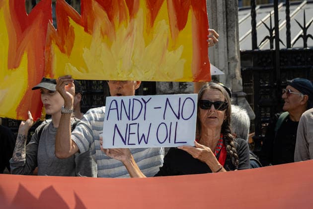 Fossil Free London Protest against Rosebank Oil Field outside Parliament, London, UK 18 July 2026 Campaigners from Fossil Free London demonstrate outside Parliament, London, UK, on 18 July 2026, with placards and banners calling on incoming Prime Minister Andy Burnham not to approve the Rosebank oil field or new North Sea drilling. The protest follows the UK s third heatwave in as many months, during which official statistics recorded over 2,700 heat-related deaths across England and Wales., Credit:Pete Speller Avalon  Copyright: xPetexSpellerx xAvalonx 1117383382
