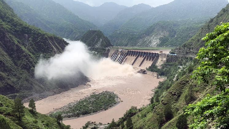 RECORD DATE NOT STATED Gates of the Salal Dam Opens in J&K s Reasi District Reasi Jammu & Kashmir , Jul 19 (ANI): A view of the multiple opened spillway gates of the Salal Dam amid rising Chenab River water level, in Reasi on Sunday. (ANI Video Grab) Reasi Jammu & Kashmir India Copyright: xANIx ANI_20260719257
