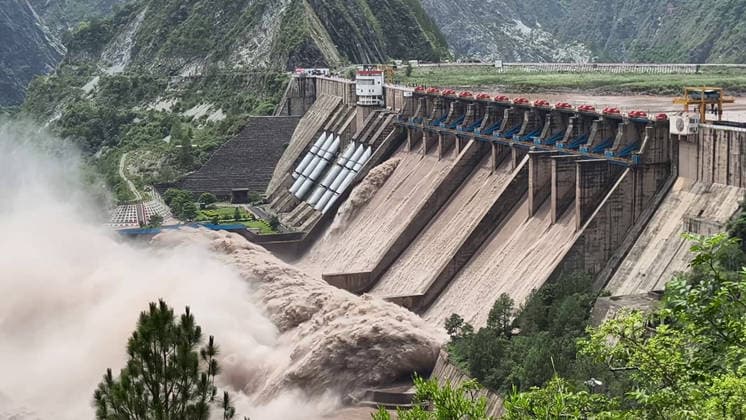 RECORD DATE NOT STATED Gates of the Salal Dam Opens in J&K s Reasi District Reasi Jammu & Kashmir , Jul 19 (ANI): A view of the multiple opened spillway gates of the Salal Dam amid rising Chenab River water level, in Reasi on Sunday. (ANI Video Grab) Reasi Jammu and Kashmir India Copyright: xANIx ANI_20260719260