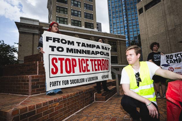 July 19, 2026, Tampa, Florida, USA: Following the recent killings of two people, LORENZO SALGADO ARAUJO in Houston, Texas and JOHAN SEBASTIAN DURAN GUERRERO in Biddeford, Maine members of the Tampa Immigrant Rights Committee staged an emergency protest to show solidarity with all those affected. Tampa USA - ZUMAd256 20260719_znp_d256_001 Copyright: xDavexDeckerx