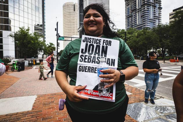 July 19, 2026, Tampa, Florida, USA: Following the recent killings of two people, LORENZO SALGADO ARAUJO in Houston, Texas and JOHAN SEBASTIAN DURAN GUERRERO in Biddeford, Maine members of the Tampa Immigrant Rights Committee staged an emergency protest to show solidarity with all those affected. Tampa USA  - ZUMAd256 20260719_znp_d256_004 Copyright: xDavexDeckerx