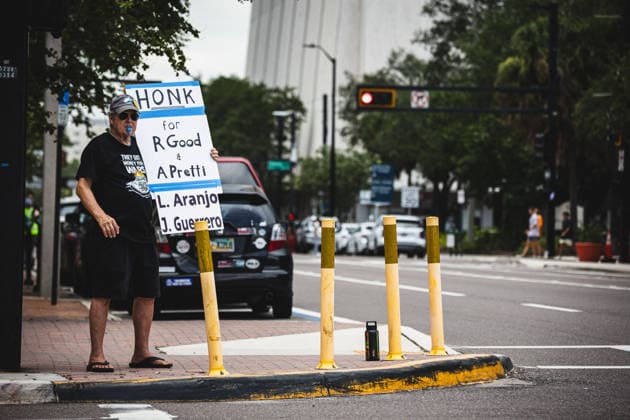July 19, 2026, Tampa, Florida, USA: Following the recent killings of two people, LORENZO SALGADO ARAUJO in Houston, Texas and JOHAN SEBASTIAN DURAN GUERRERO in Biddeford, Maine members of the Tampa Immigrant Rights Committee staged an emergency protest to show solidarity with all those affected. Tampa USA - ZUMAd256 20260719_znp_d256_007 Copyright: xDavexDeckerx