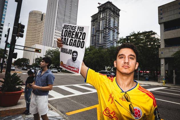 July 19, 2026, Tampa, Florida, USA: Following the recent killings of two people, LORENZO SALGADO ARAUJO in Houston, Texas and JOHAN SEBASTIAN DURAN GUERRERO in Biddeford, Maine members of the Tampa Immigrant Rights Committee staged an emergency protest to show solidarity with all those affected. Tampa USA  - ZUMAd256 20260719_znp_d256_008 Copyright: xDavexDeckerx