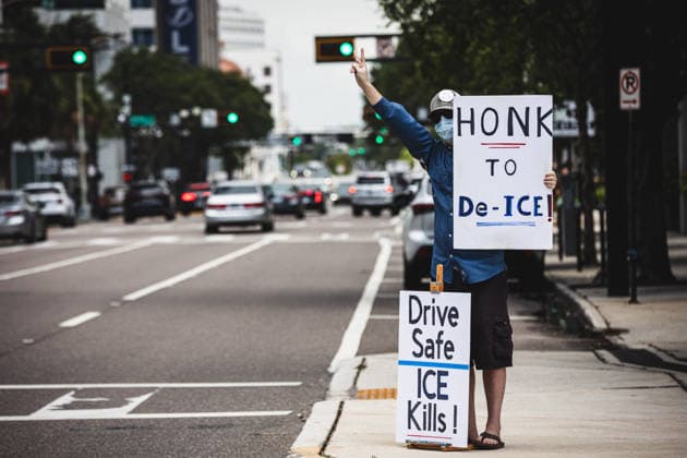 July 19, 2026, Tampa, Florida, USA: Following the recent killings of two people, LORENZO SALGADO ARAUJO in Houston, Texas and JOHAN SEBASTIAN DURAN GUERRERO in Biddeford, Maine members of the Tampa Immigrant Rights Committee staged an emergency protest to show solidarity with all those affected. Tampa USA - ZUMAd256 20260719_znp_d256_011 Copyright: xDavexDeckerx