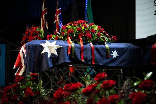 DERRYN HINCH STATE FUNERAL, The stage and coffin of Derryn Hinch during a State Funeral Service for Derryn Hinch at the Timber Yard, Melbourne, Monday, July 20, 2026. . Outspoken media figure and former senator Derryn Hinch has died at the age of 82 after a long and public health battle. ( NO ARCHIVING MELBOURNE VICTORIA AUSTRALIA  Copyright: xCHRISTOPHERxHOPKINSx 20260720171929466257