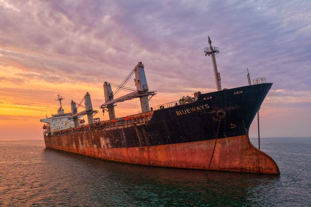 WEIHAI, CHINA - JULY 19: A view of the stranded Blueways ship against the sunset glow on July 19, 2026 in Weihai, Shandong Province of China. The vessel was stranded off the coast of Weihai and has become a popular spot for visitors.  Copyright: xVCGx 111655336158