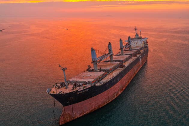WEIHAI, CHINA - JULY 19: A view of the stranded Blueways ship against the sunset glow on July 19, 2026 in Weihai, Shandong Province of China. The vessel was stranded off the coast of Weihai and has become a popular spot for visitors.  Copyright: xVCGx 111655336156