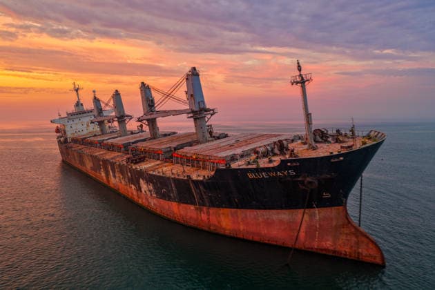 WEIHAI, CHINA - JULY 19: A view of the stranded Blueways ship against the sunset glow on July 19, 2026 in Weihai, Shandong Province of China. The vessel was stranded off the coast of Weihai and has become a popular spot for visitors.  Copyright: xVCGx 111655336157