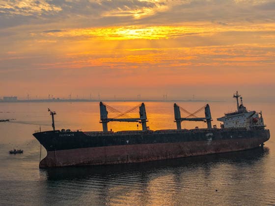 WEIHAI, CHINA - JULY 19: A view of the stranded Blueways ship against the sunset glow on July 19, 2026 in Weihai, Shandong Province of China. The vessel was stranded off the coast of Weihai and has become a popular spot for visitors.  Copyright: xVCGx 111655336151